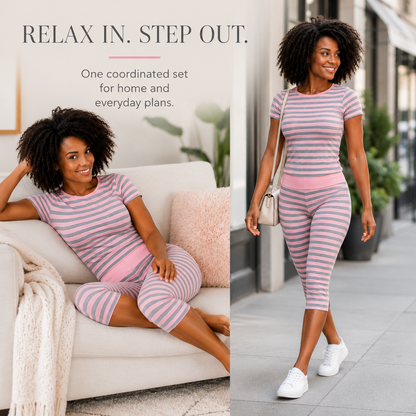 Zova™ 2 Piece Casual Outfit Striped Tops High Waist Pants Set