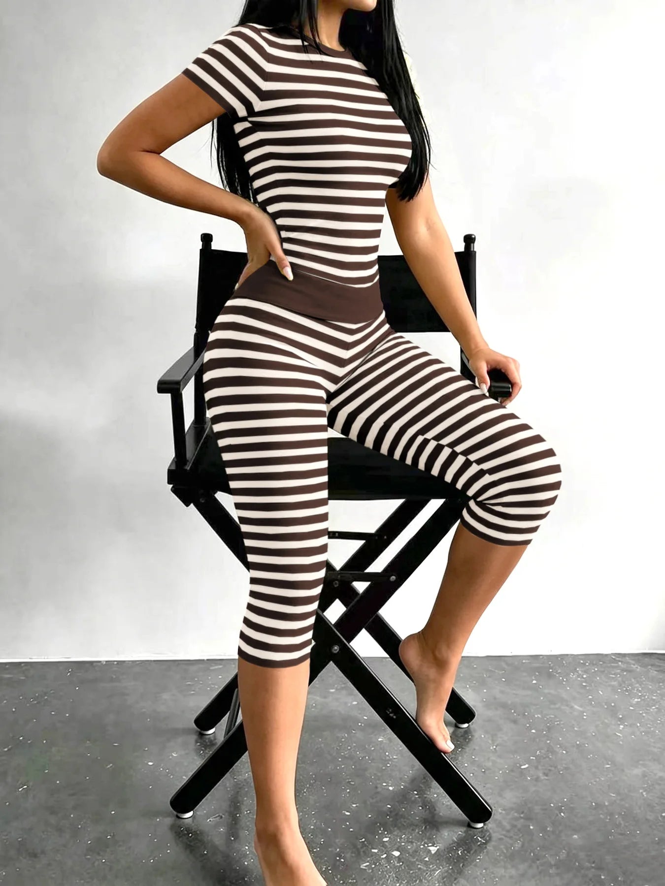 Zova™ 2 Piece Casual Outfit Striped Tops High Waist Pants Set