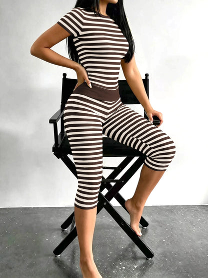 Zova™ 2 Piece Casual Outfit Striped Tops High Waist Pants Set