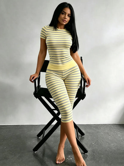 Zova™ 2 Piece Casual Outfit Striped Tops High Waist Pants Set
