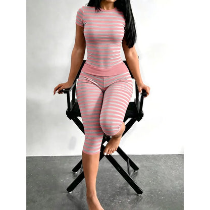 Zova™ 2 Piece Casual Outfit Striped Tops High Waist Pants Set
