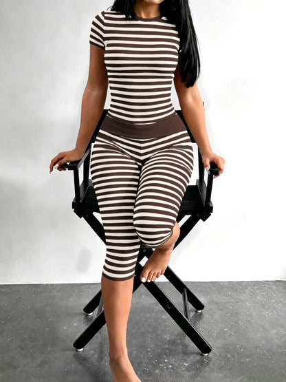 Zova™ 2 Piece Casual Outfit Striped Tops High Waist Pants Set