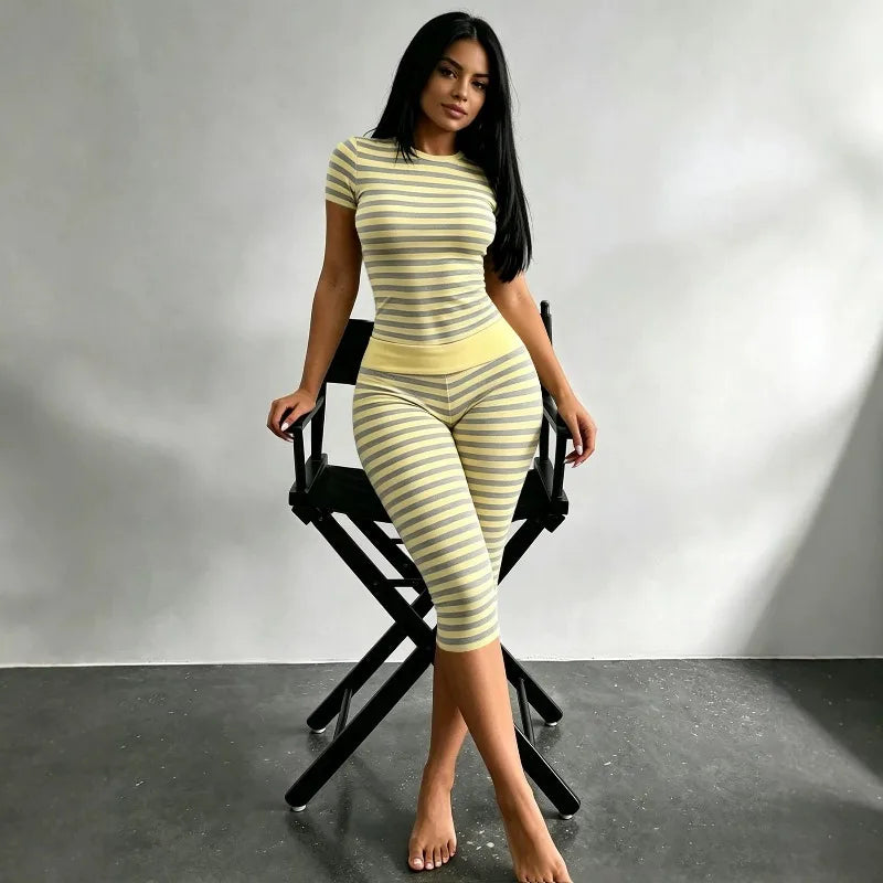 Zova™ 2 Piece Casual Outfit Striped Tops High Waist Pants Set